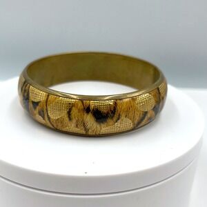 Vintage Gold Tone Leopard Print Bangle Bracelet Wide Resin Statement Classic
